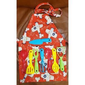 Red Airplane Themed Apron Pretend Play Kitchen Utensils Pre-owned
